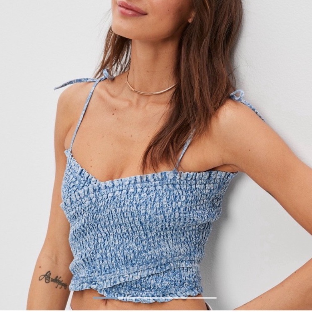 ✨NWT✨American Eagle | Blue/White Smocked Crossover Cotton Crop Top/Tank Sz XL